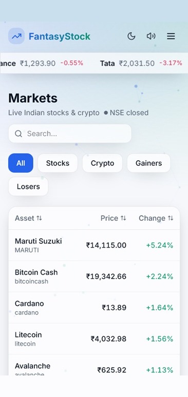 Ace Trader light mobile view